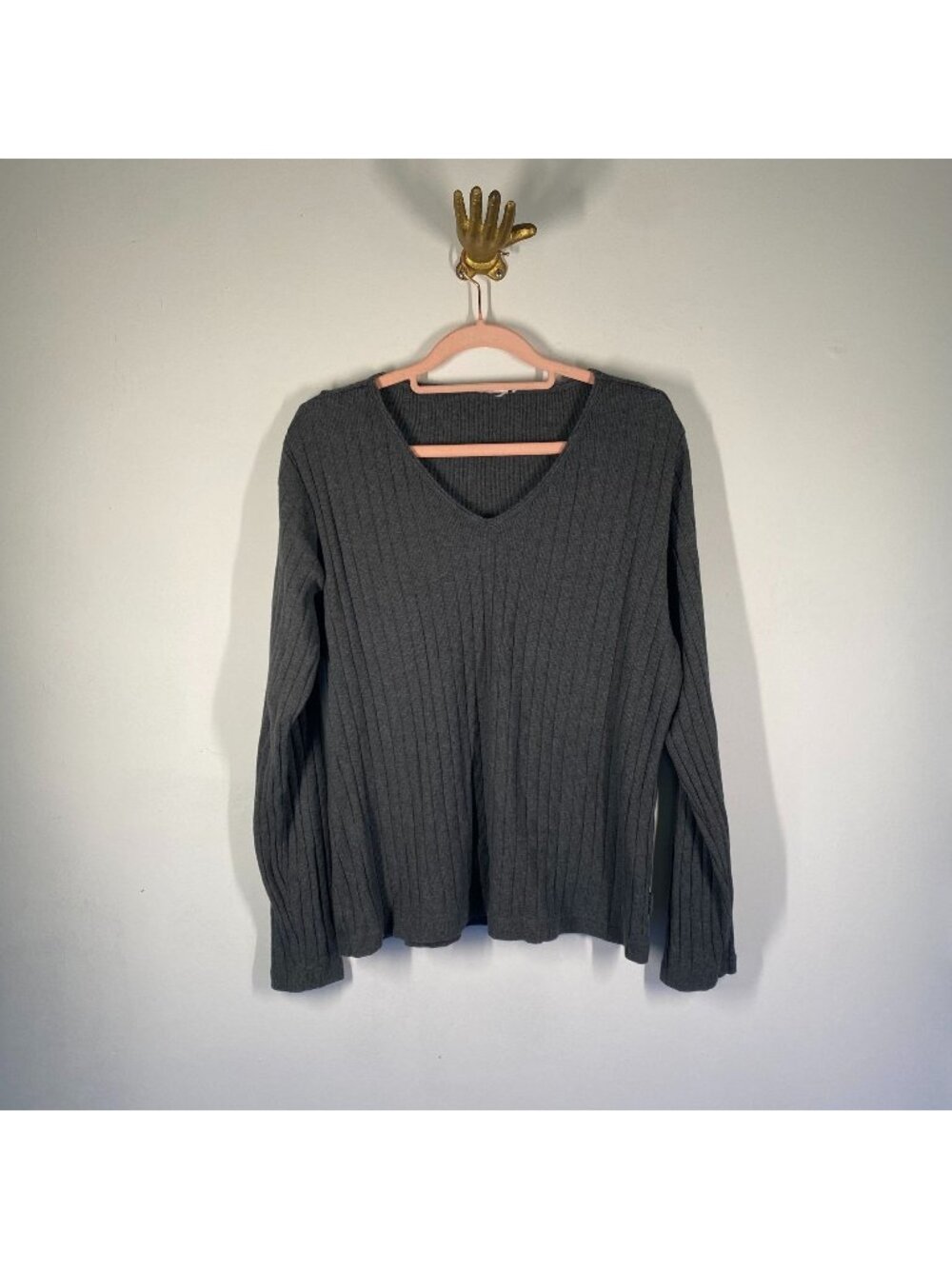 Ribbed Gray V-Neck Long Sleeve Knit Sweater By Lifewear Jeans Womens Size xl